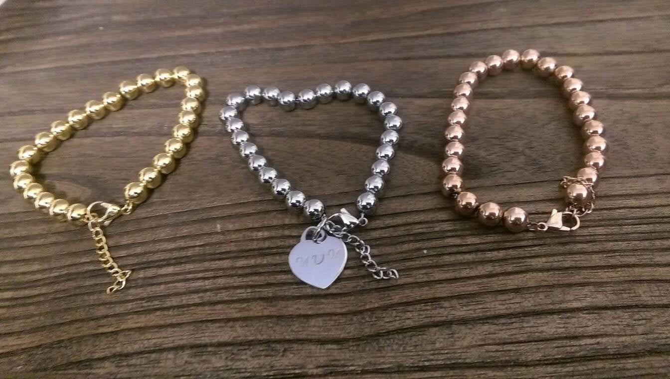 Personalised hand stamped triple wrap ball bracelet with silver personalised charms. Choose colour. - Silver and Resin Designs